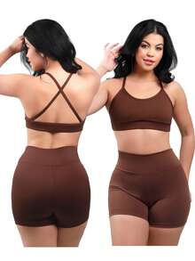 Work Fitness Kit 2 Set Of Backless Top With Cross Straps And Basic Premium Bermuda Shorts - Rust Brown - View 1