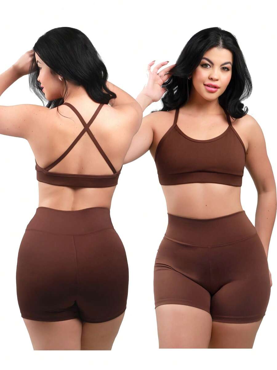 Work Fitness Kit 2 Set Of Backless Top With Cross Straps And Basic Premium Bermuda Shorts - Rust Brown - View 1