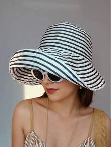 Mũ xô vành rộng họa tiết sọc cổ điển dành cho nữ, mũ chống nắng đa năng có thể gấp gọn dùng ngoài trời, dùng được cho mọi mùa - Nhiều màu - Xem 8
