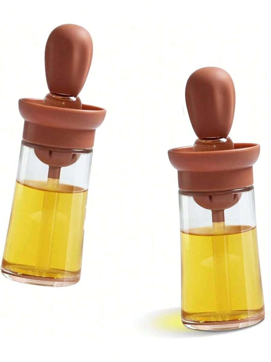 2x Oil Dispenser With Brush 180 Ml, 2-In-1 Glass Oil Storage Bottle With Silicone Brush Dispenser, Olive Oil Dispenser Bottle, Squeeze Dropper For BBQ, Baking & Cooking - Brown - View 1
