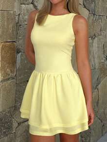 女士纯色紧身露背圣诞连衣裙 - 黃色 - 查看 7