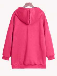 Plus Size Women Drop Shoulder Solid Color Zipper Drawstring Pocket Casual Hoodie