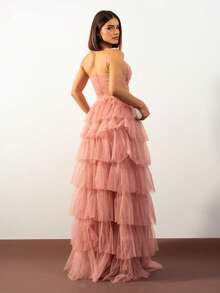 LONG WEDDING PARTY DRESS  BRIDESMAIDS CLASSIC TULLE WITH SHINE - ROSE - View 2