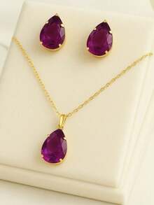 Plated Drop Necklace And Earring Set - 綠色 - 查看 4