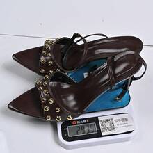 2025年夏季新款尖头扣带高跟凉鞋女士时尚铆钉高跟凉鞋，适合派对、节日、婚礼 - 棕色 - 查看 8