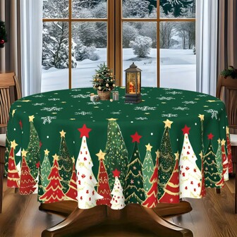Christmas Theme Polyester Tablecloth, Round Diameter 145cm (57.08inch), Rectangular 140x180cm (55.11inch X 70.87inch), Christmas Dinner Tablecloth, Red & Green Christmas Tree Pattern, Suitable For Dining Table, Coffee Table, Kitchen, Living Room, Christmas Party Decor