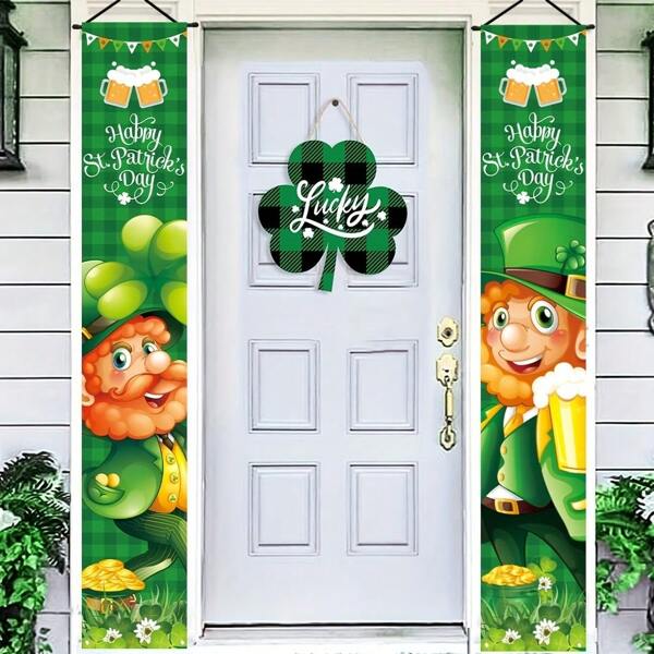 1pair, St. Patrick's Day Porch Home Decorations, Polyester Shamrock Green Plaid Pattern Irish Day Party Banner Fence Garden Outdoor Indoor Hanging Decoration