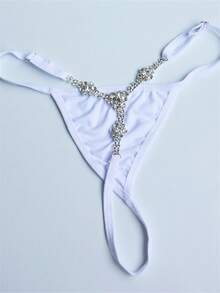 Cadena de cintura de bikini de rhinestone sexy para mujeres con cadena de tanga en forma de flor - Plateado - Ver 7