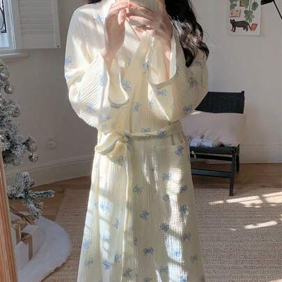 1 Áo choàng tắm nữ, Áo choàng Kimono, Đồ ngủ, Áo choàng dài tay phong cách Châu Âu tối giản, Ngọt ngào & Dễ thương, Cỡ nhỏ & Cỡ lớn, Trang trí nơ hồng, Bộ đồ ngủ màu trơn nhẹ, Đồ mặc nhà thời trang Trang trí mùa đông ấm áp