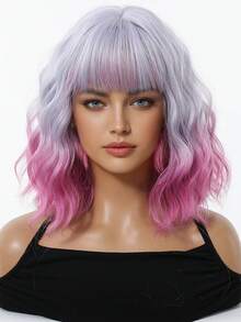 Peluca sintética de 12 pulgadas con ondas cortas y efecto ombré en púrpura, con flequillo, apta para uso diario, fiestas y cosplay - Ombre Púrpura - Ver 3