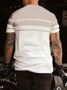 T-shirt décontracté à manches courtes respirant pour hommes - mélange de polyester léger d'été stretch, col rond, lavage machine, design bicolore avec détails de logo