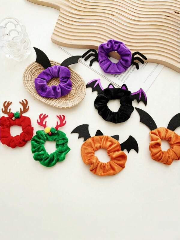 1pc Halloween Hair Scrunchies With Cute Bat And SpiderAccents, Y2K Fashion Fabric Hair Ties, Whimsical CartoonStyle Elastic Bands For Women -Festive Hair Accessoriesfor Parties