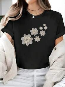 1 Piece Of Women's Fashion Casual Knitted Short-Sleeved T-Shirt 311, Printed With 7 Floating Three-Dimensional Gray And White Flower Patterns, Polyester And Spandex Blended, Good Elasticity And Soft Fabric, Slim Fit Sports Spring And Summer All-Match Hot Selling Hot Item, Daily Holiday Birthday Gift, 311