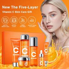 Korean 5X Vitamin C Skincare Set, 6-In-1 Skincare Gift Set With Cleanser, Toner, Serum, Lotion, Eye & Face Cream - Moisturizing Anti-Aging Brightening Skin Care Kit - 亮橙色 - 查看 4