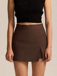 Minifalda ajustada para mujer con cremallera lateral, informal, asimétrica, con dobladillo dividido, para uso diario - Marrón - Ver 2