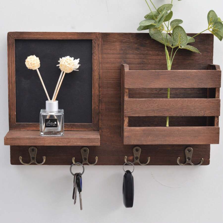 Schlüsselbretter, Hängend, Schlüsselablage für die Wand, mit 4 Schlüsselhaken, Schlüsselhalter aus Holz, Schlüsselaufhänger mit Metallhaken, dekoratives Schlüsselbrett für Eingang, für Flur, Schlafzimmer, Wohnzimmer, 42,5 * 9 * 28 cm