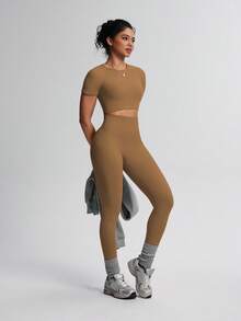 TCVC Women's Seamless Knit Solid Color Super Stretchy Sheer Resistant Sports Short Sleeve Top + Leggings 2 Piece Set, Crew Neck Tight Cropped Short Sleeve, High Waist Tummy Control Peach Butt Solid Color Skinny Leggings, Suitable For Running, Yoga, Gym, Outdoor, Casual & Leisure - Coffee Brown - View 4