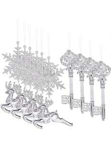 12 buc decorațiuni pentru brad de Crăciun, pandantiv transparent cu fulg de zăpadă de Crăciun, pandantiv creativ cu cerb, pandantiv pentru brad de Crăciun, pandantive transparente acrilice de interior pentru decorațiuni de Crăciun pentru ușă și fereastră, decor de cameră de iarnă