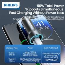 PHILIPS 飞利浦车载充电器，2 件装 60W 最大快速充电双端口 USB 适配器，适用于 15/15 Pro Max、14/13/12 系列、Galaxy S23/22、Pixel