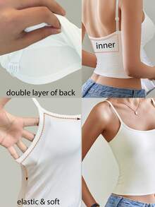 罗纹针织吊带背心，加厚基本款休闲吊带背心，女式性感露背双上衣，弹力细肩带短款吊带，带衬垫胸罩，女式白色短款吊带背心，汗衫，无袖上衣，女式背心短款上衣，夏季度假装，健身装 - 白色 - 查看 8