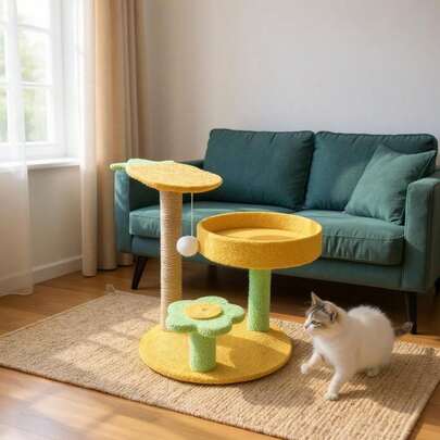 Arbol para gatos en forma de piña para gatos de interior, Torre para gatos con postes rascador de piña y flor, 42x40x35cm, Rascador de piña amarillo de sisal y felpa