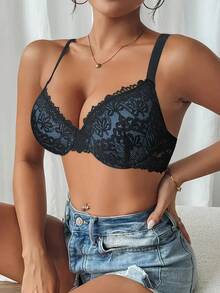 3-Piece Lace Flower Contrast Sexy Women's Underwear Bra, Thin Top And Thick Bottom Contrast Pattern, 3/4 Cup Size, With Steel Ring Bra Gathering And Shaping - 3件裝 - 查看 9