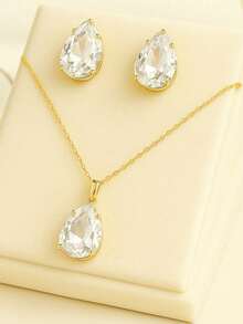 Plated Drop Necklace And Earring Set - 綠色 - 查看 5