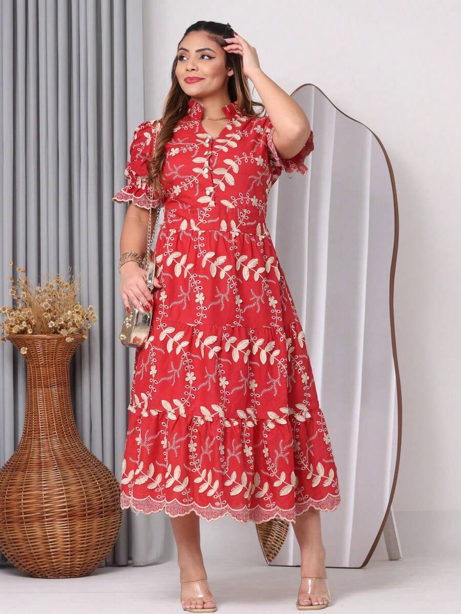 Women's Fashion Midi Dress In 3D Laise Fabric And Smooth With Elastex On The Back And Button On The Front And Lining - 3d雙色葡萄酒 - 查看 1