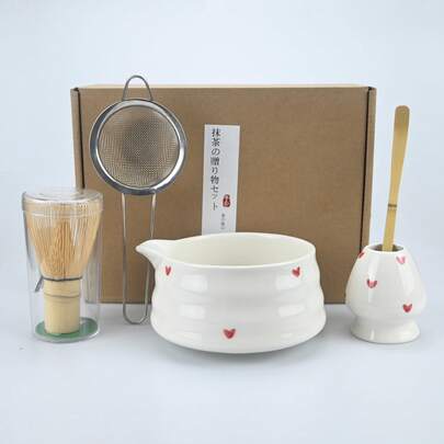 手绘红心抹茶茶具，高颜值爱心抹茶碗，适合抹茶初学者，抹茶爱好者的送礼伴侣，生日礼物