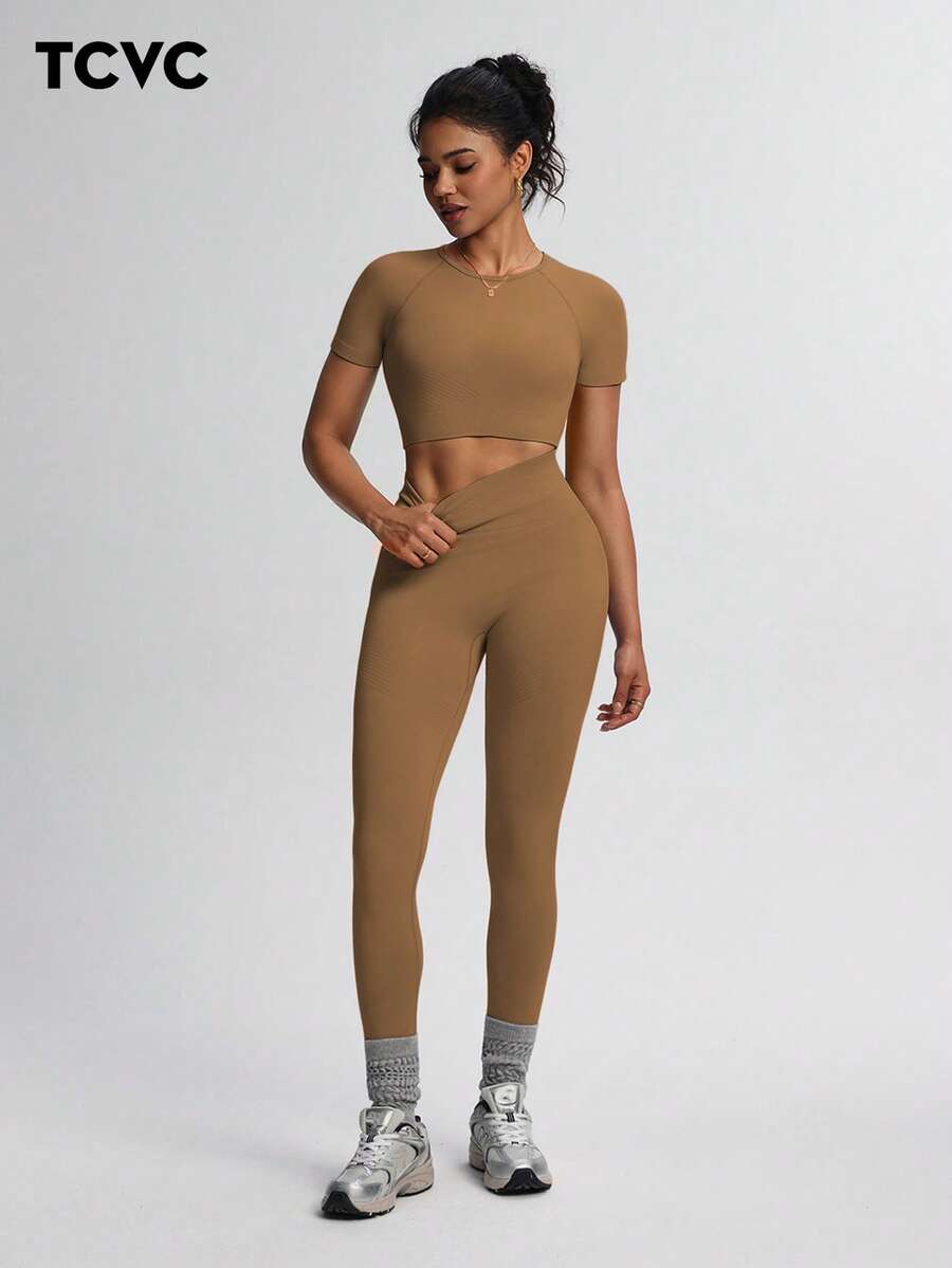 TCVC Women's Seamless Knit Solid Color Super Stretchy Sheer Resistant Sports Short Sleeve Top + Leggings 2 Piece Set, Crew Neck Tight Cropped Short Sleeve, High Waist Tummy Control Peach Butt Solid Color Skinny Leggings, Suitable For Running, Yoga, Gym, Outdoor, Casual & Leisure - Coffee Brown - View 1