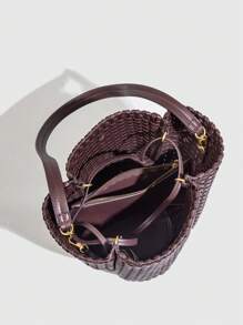 高品质手工编织奢华单肩包，简约水桶包带小袋，大容量手提包，质量有保证 - 彩色 - 查看 3