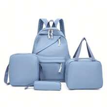 4pcs/Set, Classic Solid Color Casual Travel Backpack Set, Large Capacity Backpack Schoolbags - Blue - View 7