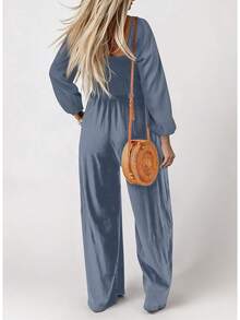 Women's Casual Loose Overalls Jumpsuits Long Sleeve Wide Leg Long Pant Rompers With Pockets - Dusk Blue - View 3