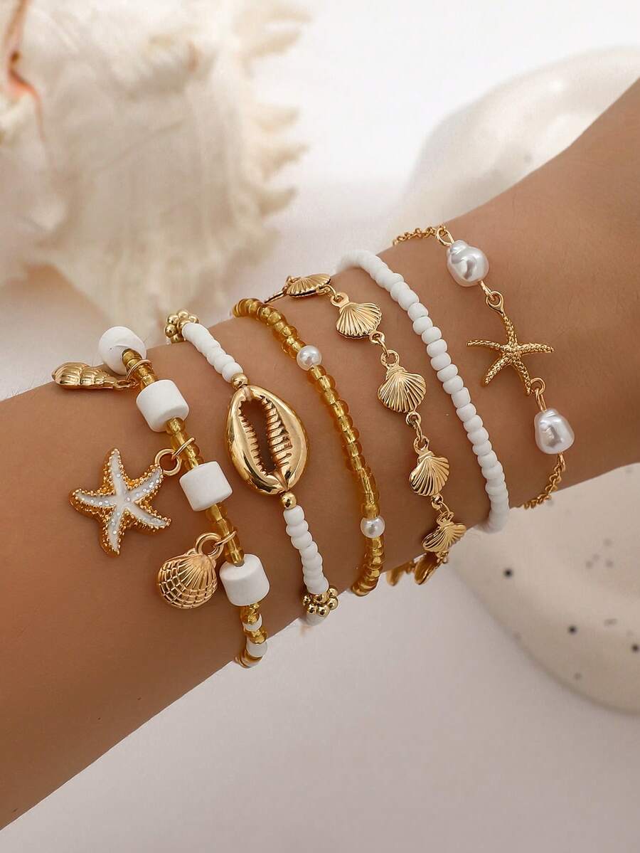 6pcs/Set Bohemian Style Shell & Bead Bracelet With Starfish & Seashell Pendants For Women (Random Bead Color Combination) - Multicolor - View 1