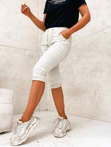 女式抽繩七分牛仔褲boyfriend洗水帶彈性 女式skinny短褲七分短褲 日常夏季