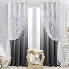 PONY DANCE Living Room Curtains - Blackout Curtains Grey Ombre With White Sheer Overlay Thermal Insulated Mix & Match For Home Decoration With Tie Ropes, W52 X L84 Inch, 2 Panels-FUNALING - 紫色 - 查看 10