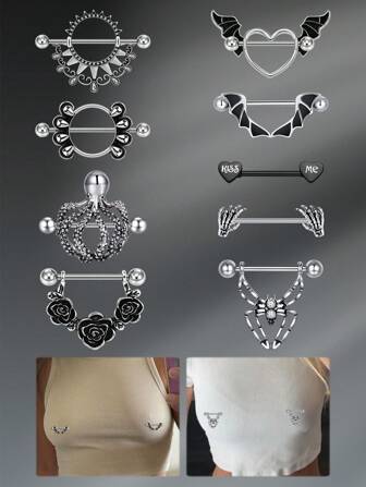 CIZME 1 par de aros para pezones de acero inoxidable con diseños divertidos de araña, pulpo y murciélago de calibre 14 para mujeres en Halloween, barras de pezones de calibre 14 de 16 mm para perforación corporal