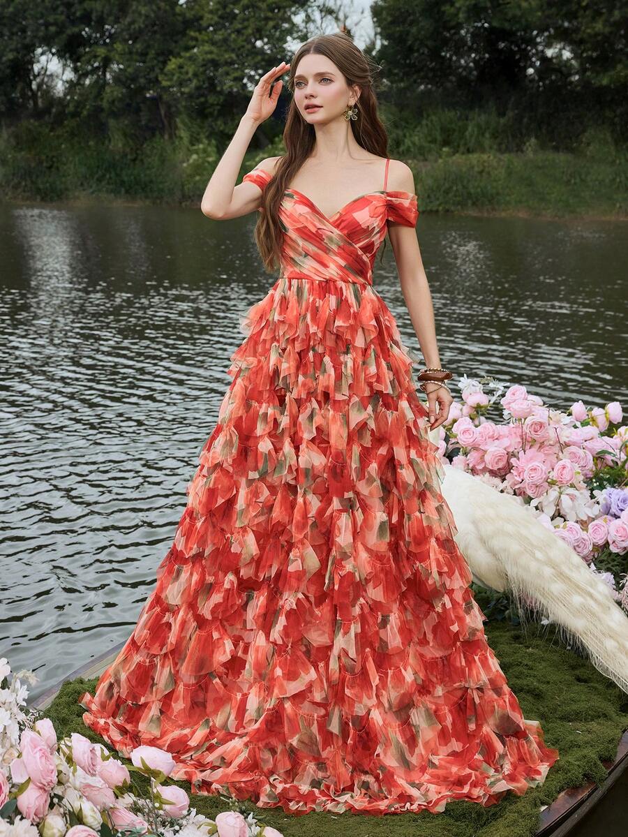 Faeriesty Vestido de noche de lujo con hombros descubiertos, tirantes finos y detalle de lazo en la espalda - Falda formal de línea A con volantes escalonados para galas de etiqueta negra, estrenos de ópera, bodas de lujo, eventos de alfombra roja, cenas de lujo - Rojo - Ver 1