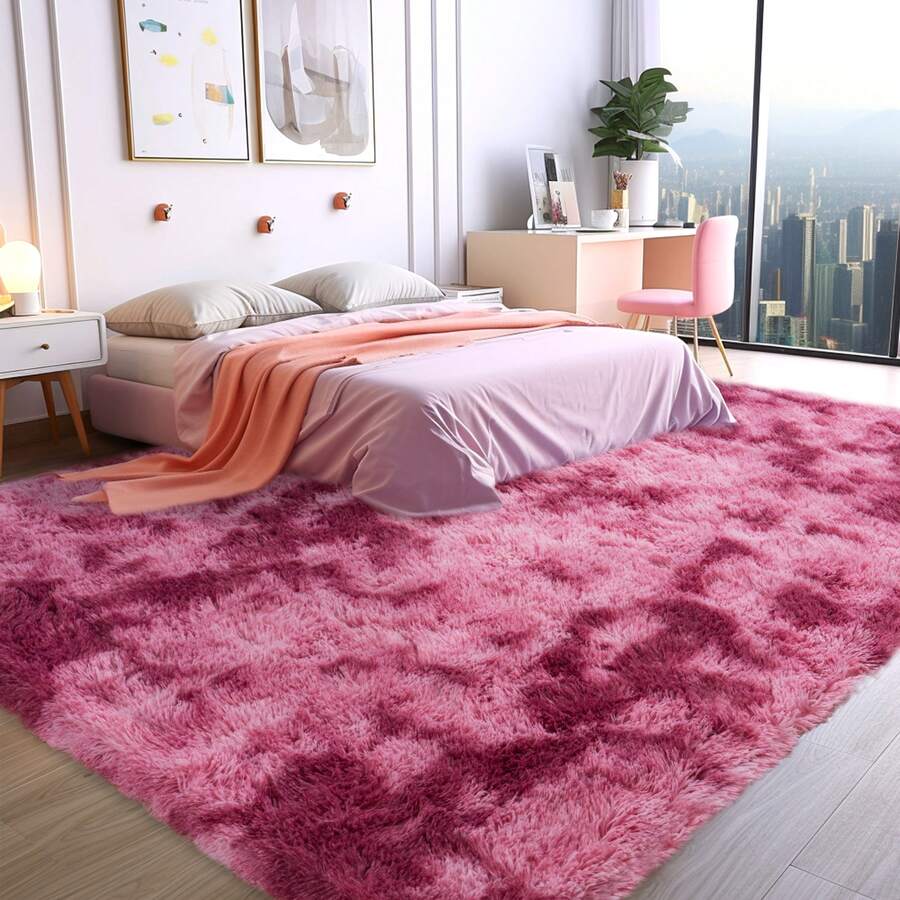 Fluffy Modern Area Rugs For Living Room Bedroom,Plush High Pile Purple Rug For Kids Girls Room Nursery Home Decor, Upgrade Non-Slip Girls Bedroom Soft Indoor Rug - 紮染深紅色 - 查看 1