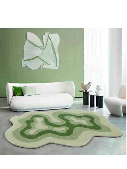 1件绿色清新不对称装饰地毯，北欧简约风格地毯，现代条纹不对称地毯，床边地毯，卧室地毯，书房地毯，客厅地毯，家居装饰地毯，印花地毯，飘窗地毯，适合家居装饰