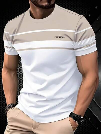 Breathable Men's Casual Short Sleeve T-Shirt - Summer Lightweight Stretch Polyester Blend, Round Neck, Machine Washable, Two-Tone Color Design With Logo Details