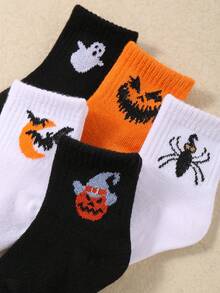 Infant/Children 5 Pairs Halloween Pumpkin/Ghost/Bat Pattern Orange Casual Elastic Mid-Calf Socks - Multicolor - View 4
