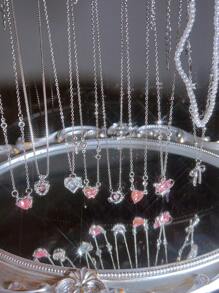 9/8pcs Y2K Style Fashion Elegant Vintage Design Layered Necklace Set, Featuring Pink Rhinestone, Bling Bling, Bow, Heart, Cross, Snake, Butterfly, Faux Pearl Pendants, Suitable For Holiday, Party, Date, Gift, Daily Wear - Silver - View 7