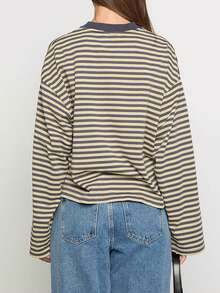 Women Oversized Striped Color Block Long Sleeve Crew Neck Sweatshirt Casual Loose Pullover Y2K Shirt Top - 芥末黃 - 查看 4