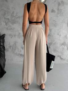 Modal Pleated Casual Pants, Solid Color - Cream - View 5