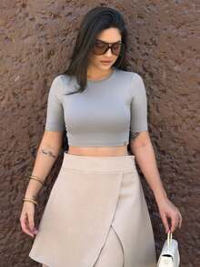 Cropped Blouse Short Sleeve Polyamide Suplex Round Neck Mia - Grey - View 5