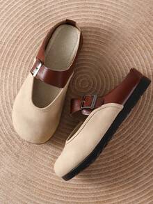 Retro Leather Sandals, Casual Slippers, Closed Toe Half Slippers - Beige - View 7