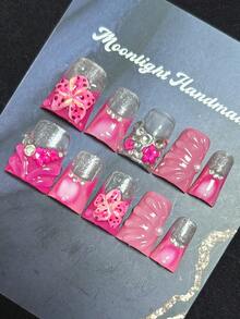 10pcs Handmade Y2K Style Short Duckbill Nails With Pink Gradient French Tips, 3D Rhinestones, And 3D Floral Embossed Nail Art Decorations - Perfect For Parties, Balls, And Casual Attire - 珊瑚粉 - 查看 3