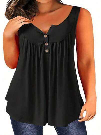 Plus Size V-Neck Sleeveless Pleated Fashionable Breathable Women Cami Top Casual Black Summer