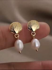 Sea Star Shell Earrings Beach Jewelry Women's Lightweight And Elegant Pearl Water Drop SeaShell Beach Earrings With Sea Charm, Suitable For Summer Vacation Coastal Accessories - 金色 - 查看 3